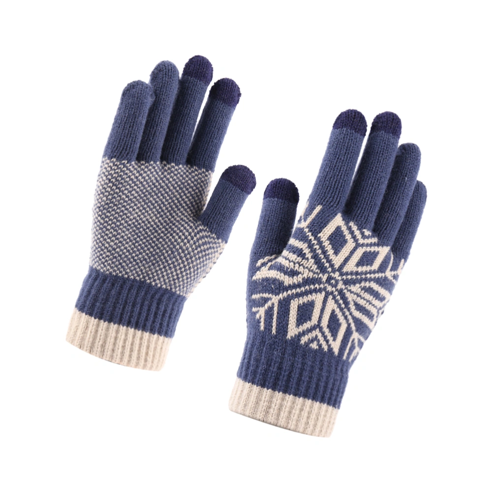 1 Pair of Men Touch Screen Gloves Cashmere Warm Gloves Full Finger Gloves Thicken Printed Gloves Navy