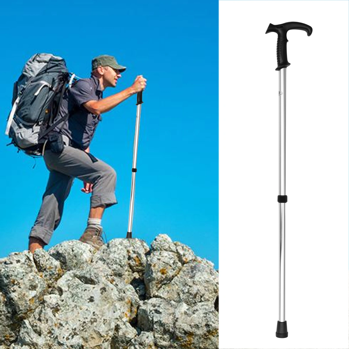 Six-section Telescopic Trekking Pole Walking Cane Aluminium Alloy Anti-skid Adjustable Walking Stick (Silver)