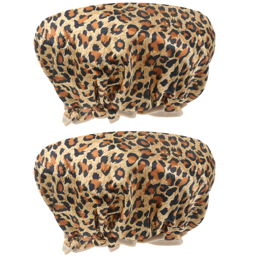 2pcs Shower Caps Double-layer PEVA Waterproof Elastic Bathing Caps Hair Protective Caps (Leopard Print)