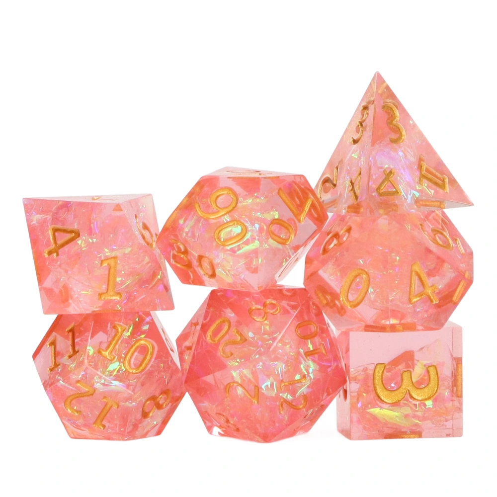 7pcs Dice Kit Incisive Edge Epoxy Resin Multi Faceted Pink Translucent Dice Set for Game Gold Number