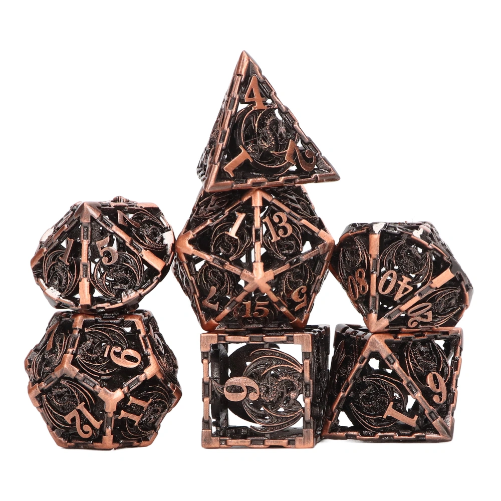 7pcs Hollow Dice Kit Copper Clear Numbers Dragon Pattern Hollow Metal Dice for Game