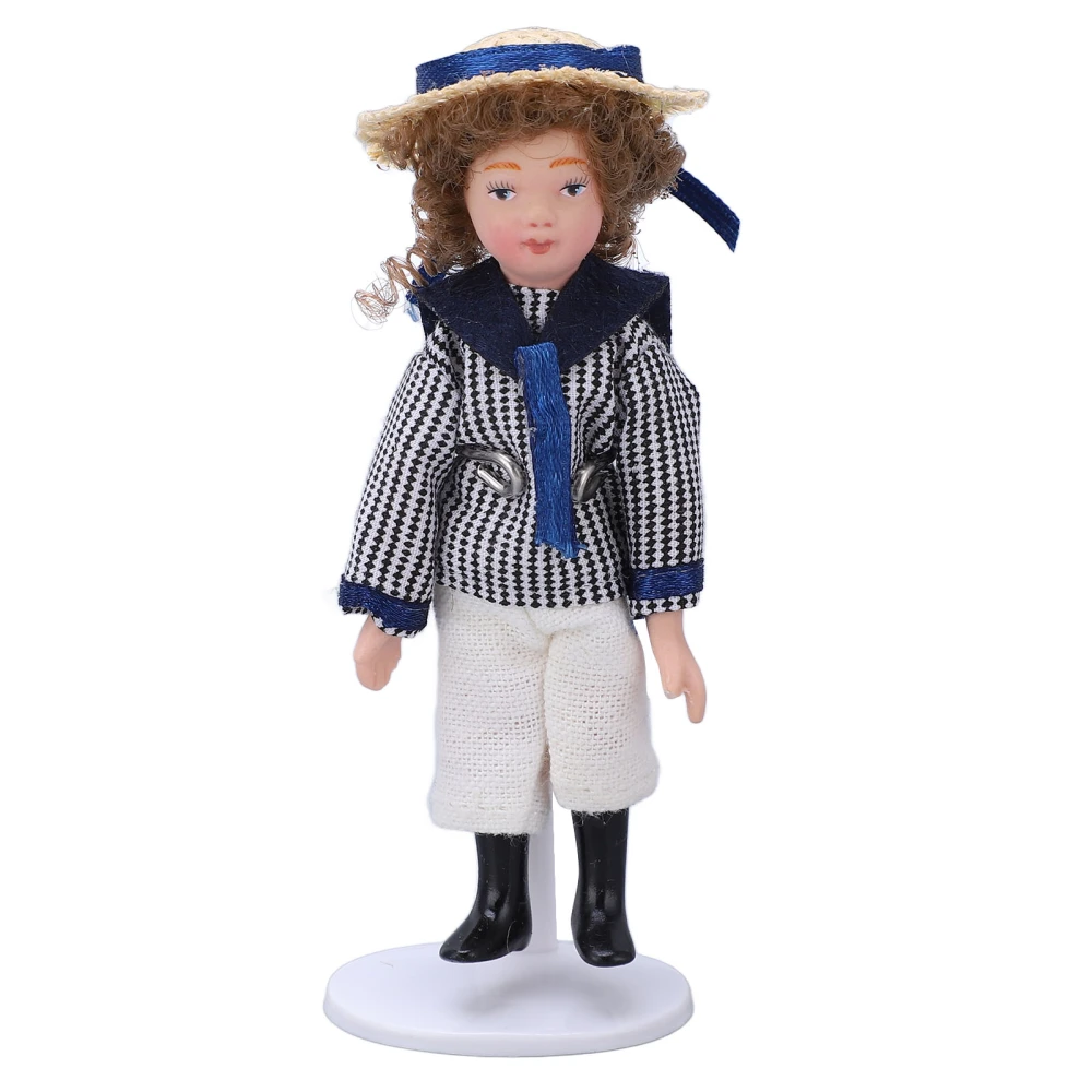 1/12 Mini Ceramic Straw Hat Boy Doll Rotated Limbs Dollhouse Character Model with Stand for Dollhouse Decorations