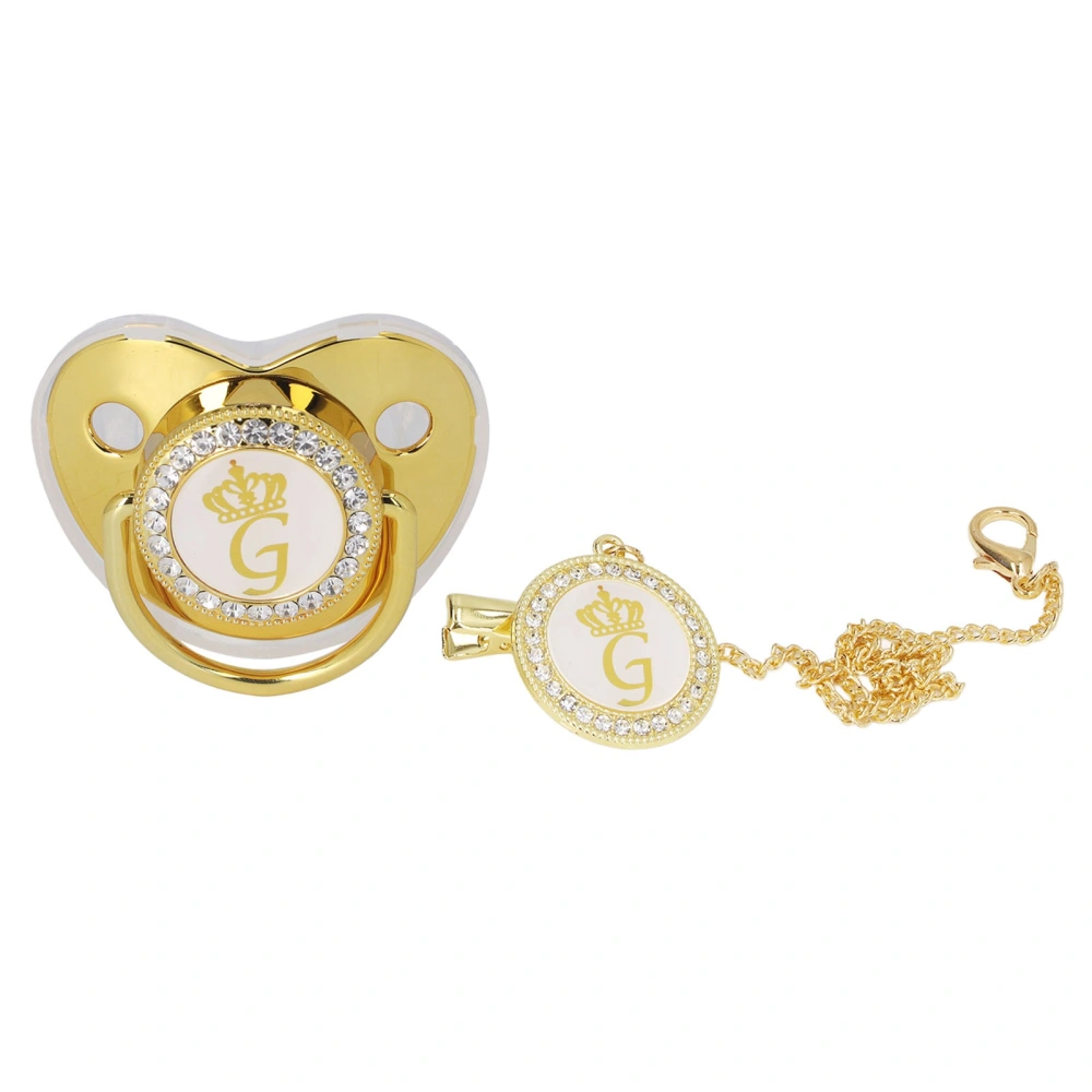 Baby Pacifier Infant Portable Exquisite Golden Crown Letter Rhinestone Pacifier with Chain Clip Letter G