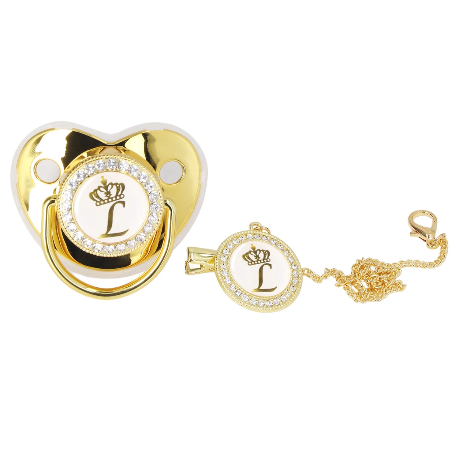 Baby Pacifier Infant Portable Exquisite Golden Crown Letter Rhinestone Pacifier with Chain Clip Letter L
