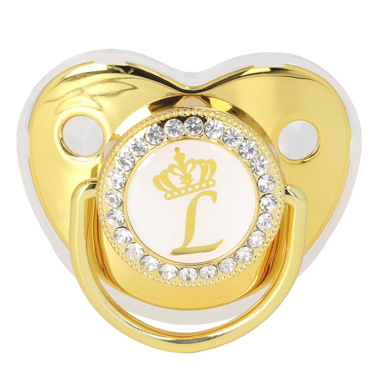 Baby Pacifier Infant Portable Exquisite Golden Crown Letter Rhinestone Pacifier with Chain Clip Letter L
