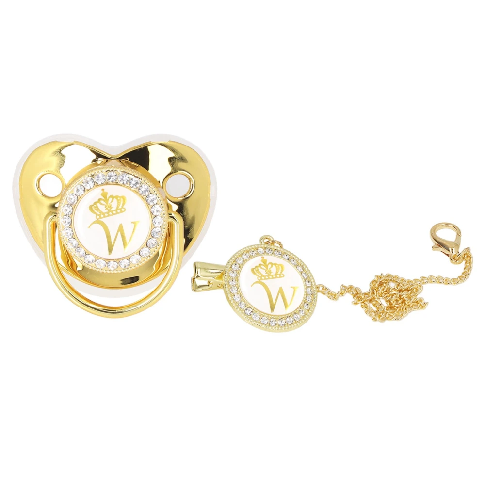 Baby Pacifier Infant Portable Exquisite Golden Crown Letter Rhinestone Pacifier with Chain Clip Letter W