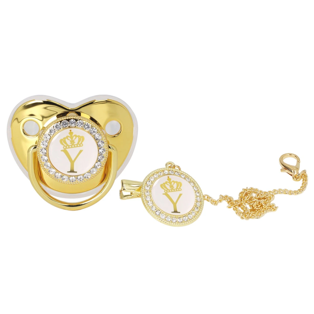 Baby Pacifier Infant Portable Exquisite Golden Crown Letter Rhinestone Pacifier with Chain Clip Letter Y