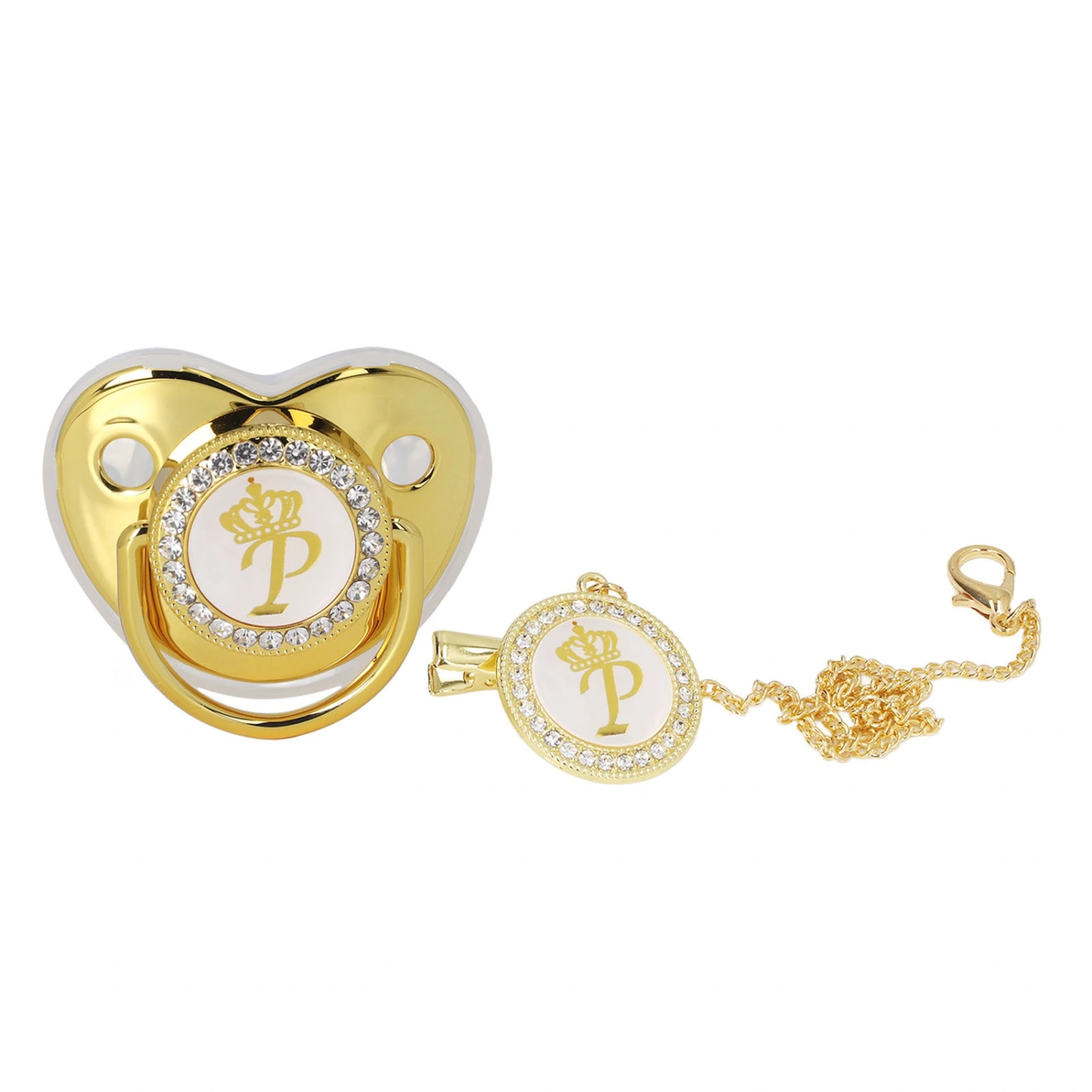 Baby Pacifier Infant Portable Exquisite Golden Crown Letter Rhinestone Pacifier with Chain Clip Letter P