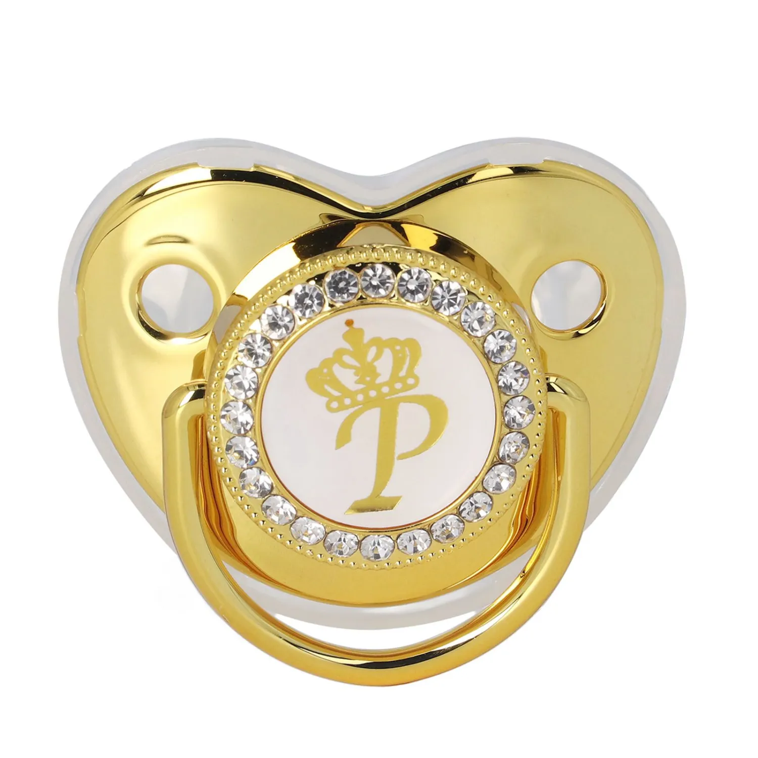 Baby Pacifier Infant Portable Exquisite Golden Crown Letter Rhinestone Pacifier with Chain Clip Letter P