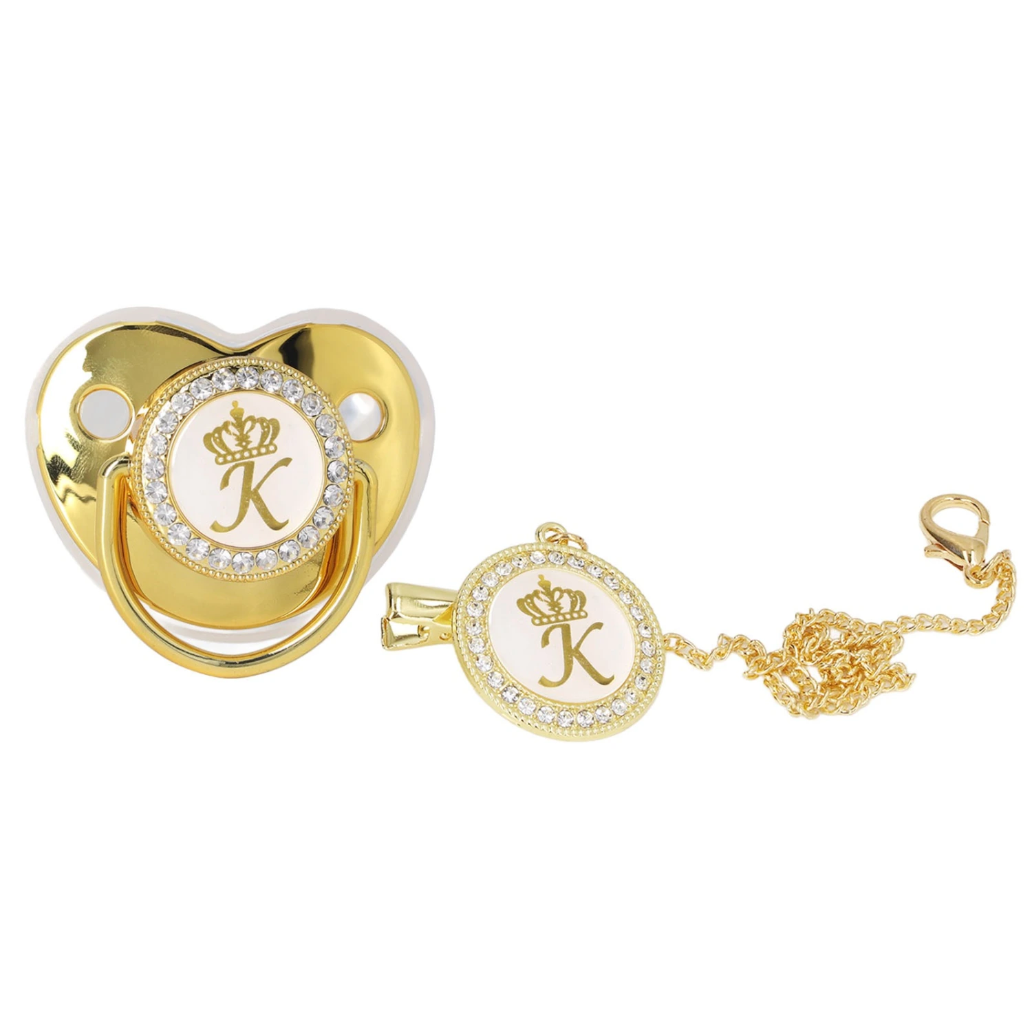 Baby Pacifier Infant Portable Exquisite Golden Crown Letter Rhinestone Pacifier with Chain Clip Letter K