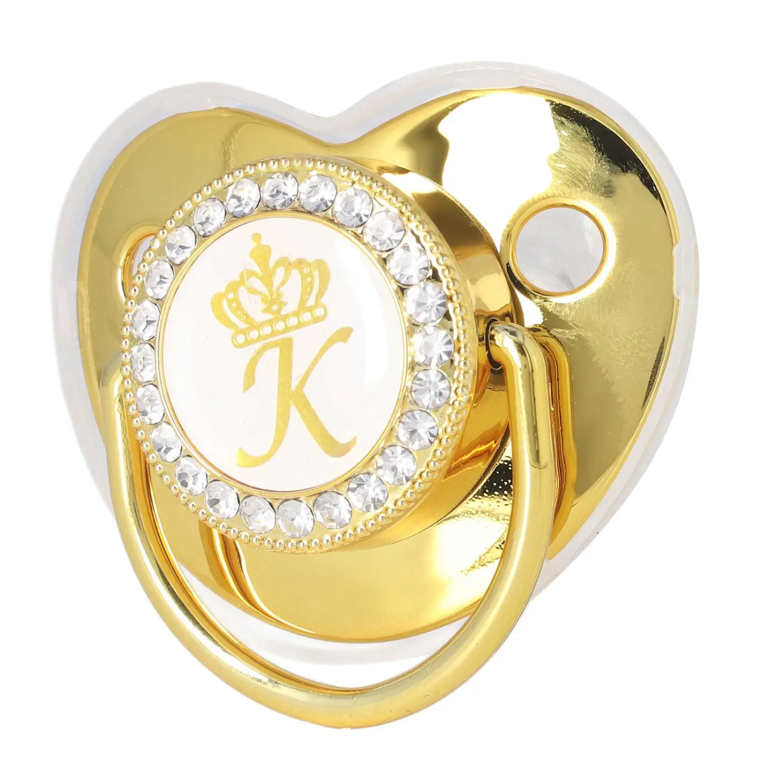 Baby Pacifier Infant Portable Exquisite Golden Crown Letter Rhinestone Pacifier with Chain Clip Letter K