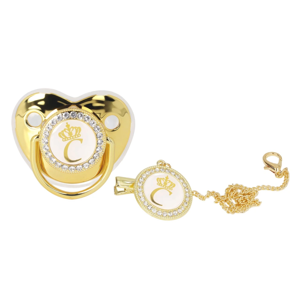 Baby Pacifier Infant Portable Exquisite Golden Crown Letter Rhinestone Pacifier with Chain Clip Letter C