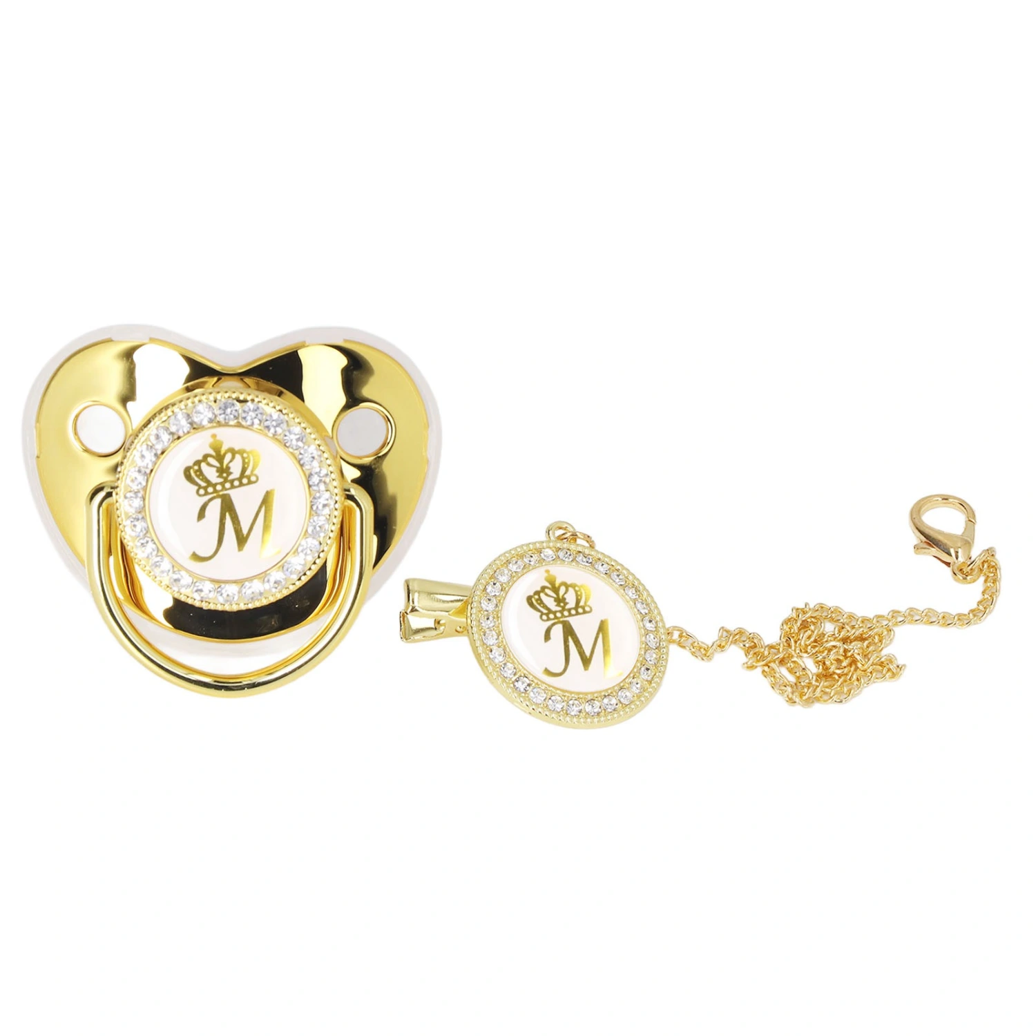 Baby Pacifier Infant Portable Exquisite Golden Crown Letter Rhinestone Pacifier with Chain Clip Letter M