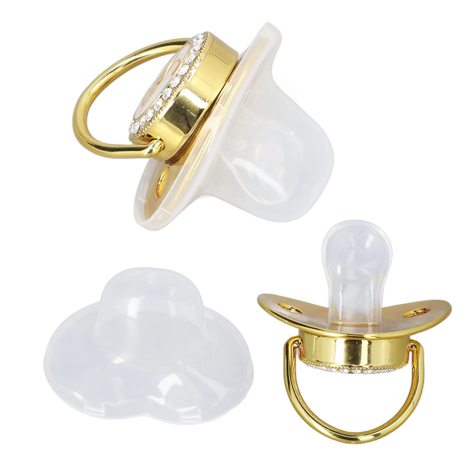 Baby Pacifier Infant Portable Exquisite Golden Crown Letter Rhinestone Pacifier with Chain Clip Letter M
