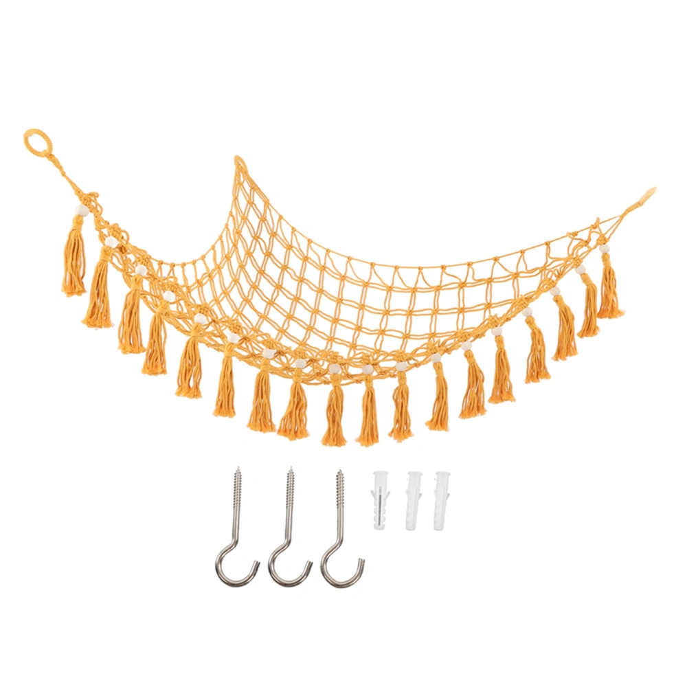 Toys Storage Hammock Woven Triangle Wooden Bead Tassel Stuffed Animal Hammock for Home Autumn Yellow