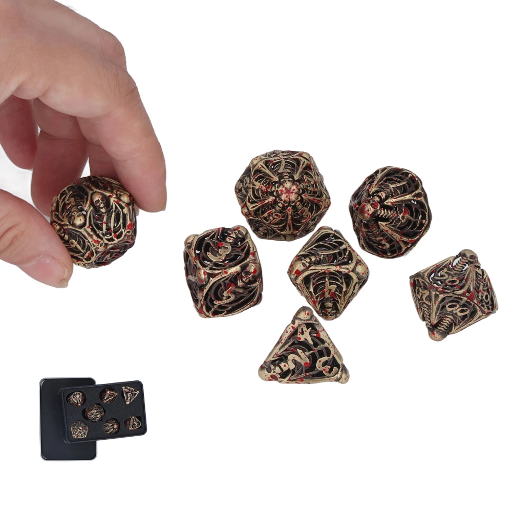 7pcs Skull Bloodstain Pattern Dice Metal Polyhedral Dice Set Table Game Props for Halloween Party Antique Bronze