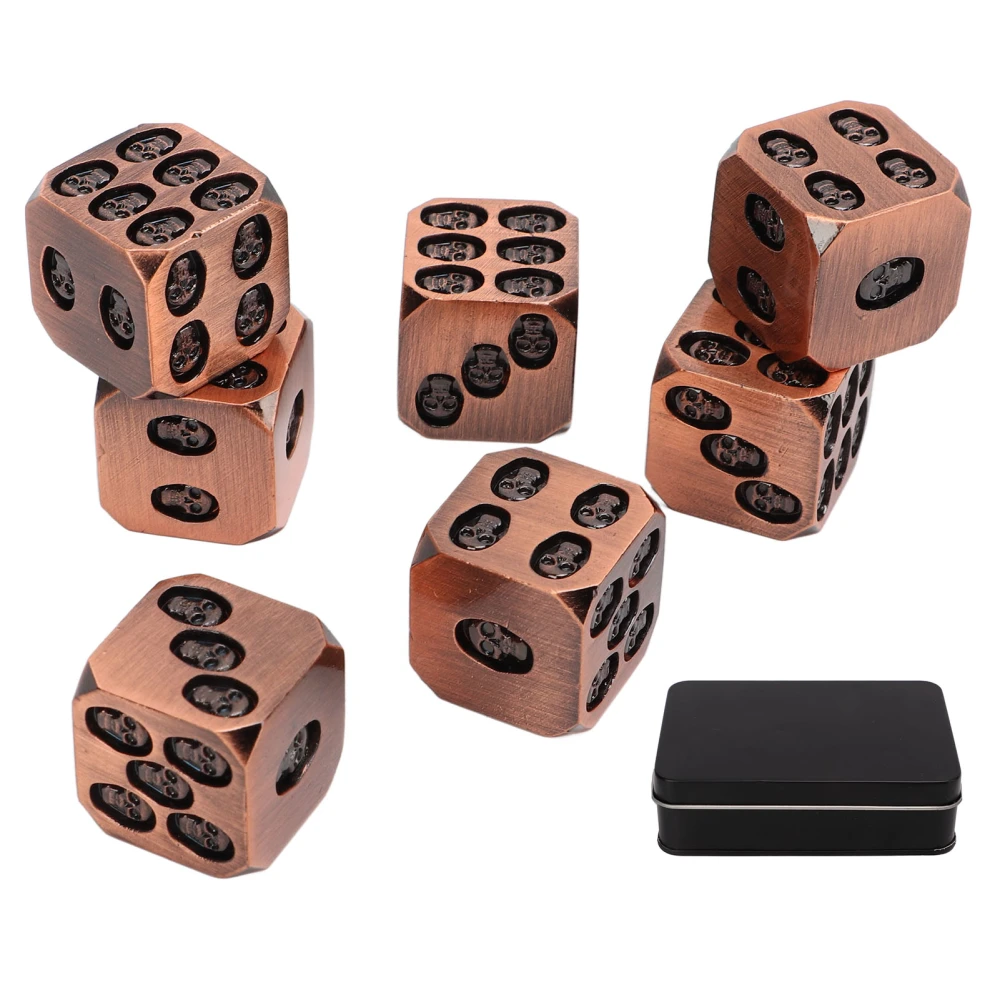 7pcs Metal Dice Set Exquisite Square Inlaid Skull Pattern Dice Board Game Props for Holiday Party Antique Red Bronze