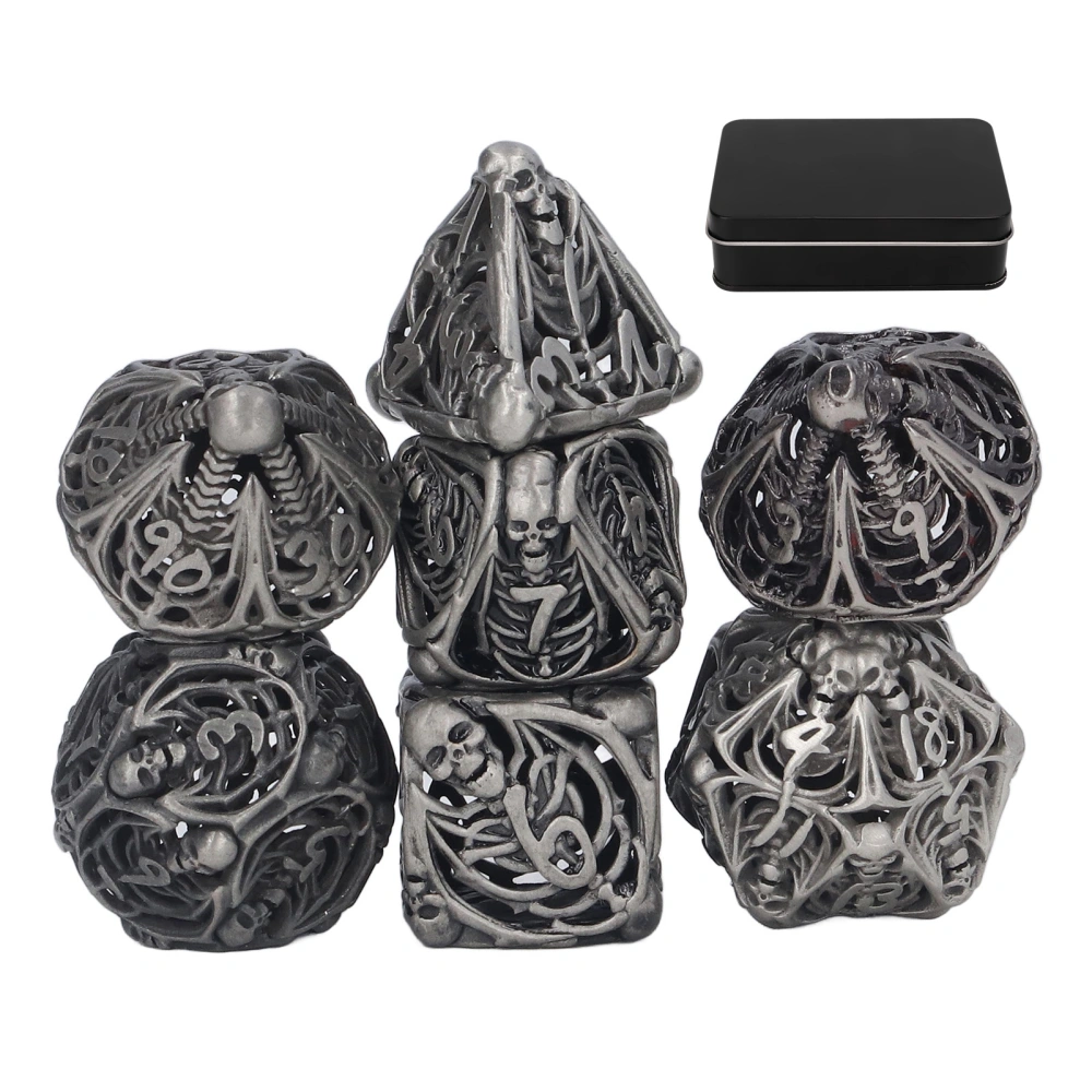 7pcs Hollow Skull Pattern Dice Portable Exquisite Metal Polyhedral Dice Set Props for Board Card Game Antique Silver