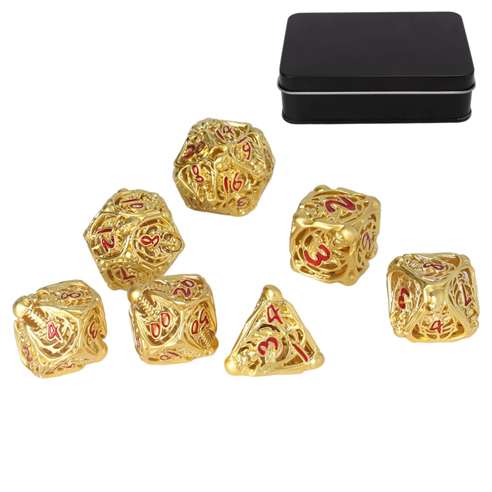 7pcs Hollow Polyhedral Dice Set Holiday Party Skull Pattern Metal Dice Props for Board Card Game Gold