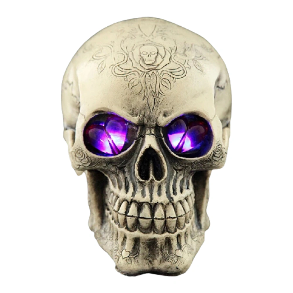 Halloween Skeleton Head Statue with LED Lights Novelty Resin Skeleton Head Figurine Haunted House Props Tabletop Desk Home Office Decor