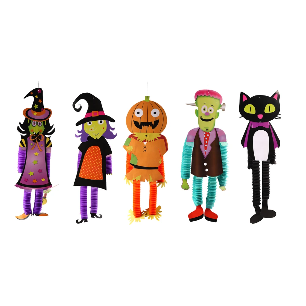 5pcs Halloween Paper Hanging Decorations Cartoon Retractable Cat Pumpkin Broomstick Witch Hulk Halloween Decorations