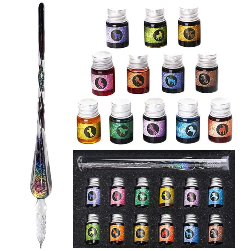 Glass Dip Pen Ink Set Calligraphy Dip Pens Crystal Calligraphy Pen and Ink Set with 12 Colorful Inks for Art Writing Signatures