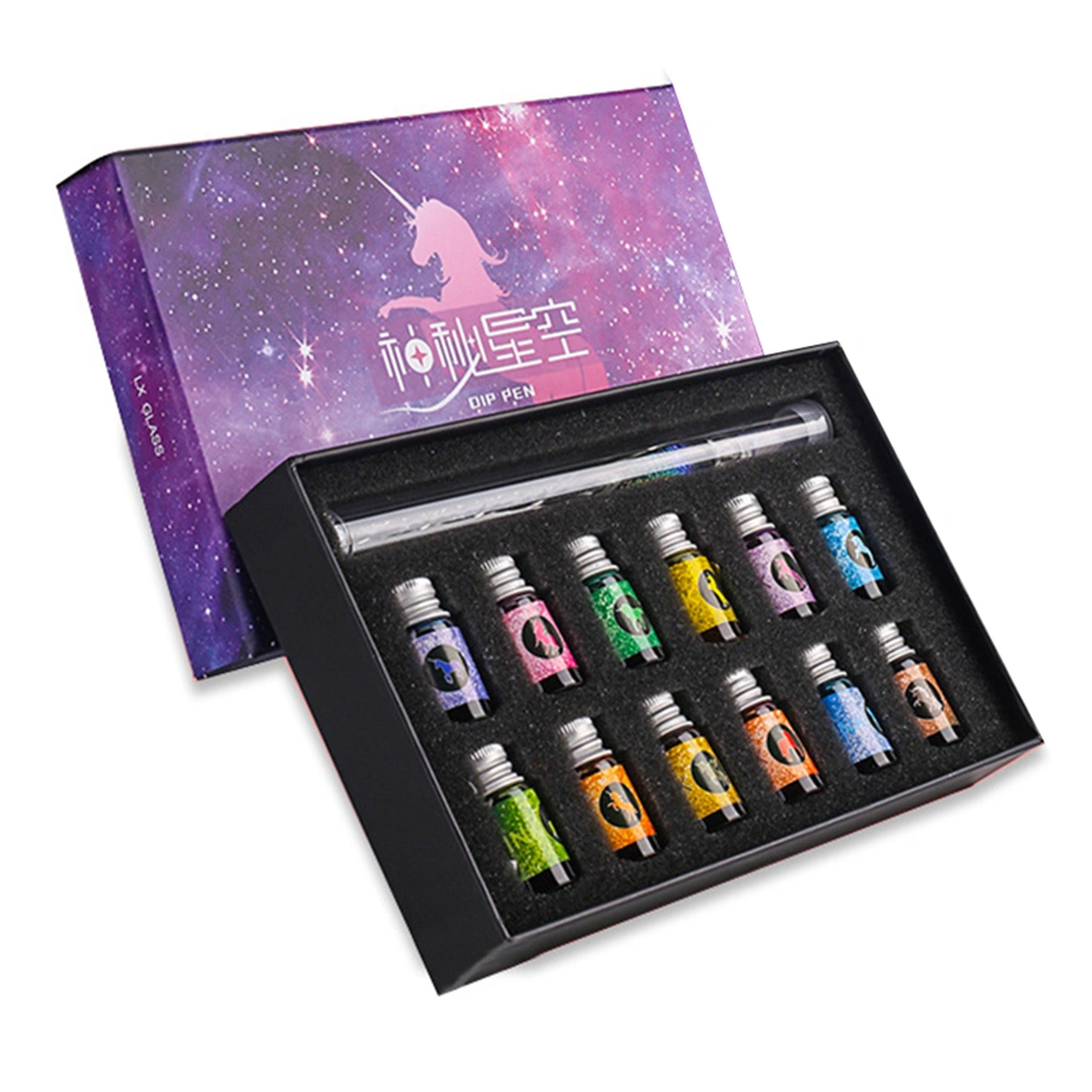 Glass Dip Pen Ink Set Calligraphy Dip Pens Crystal Calligraphy Pen and Ink Set with 12 Colorful Inks for Art Writing Signatures