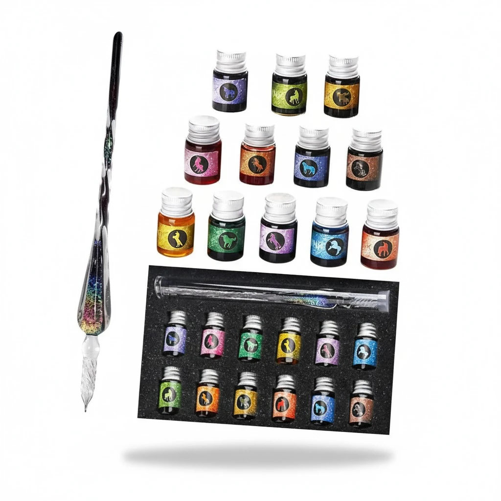 Glass Dip Pen Ink Set Calligraphy Dip Pens Crystal Calligraphy Pen and Ink Set with 12 Colorful Inks for Art Writing Signatures