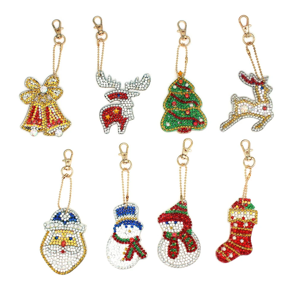 8pcs/set Christmas DIY Rhinestone Key Chain for Kid 5D DIY Rhinestone Painting Key Chain Pendant