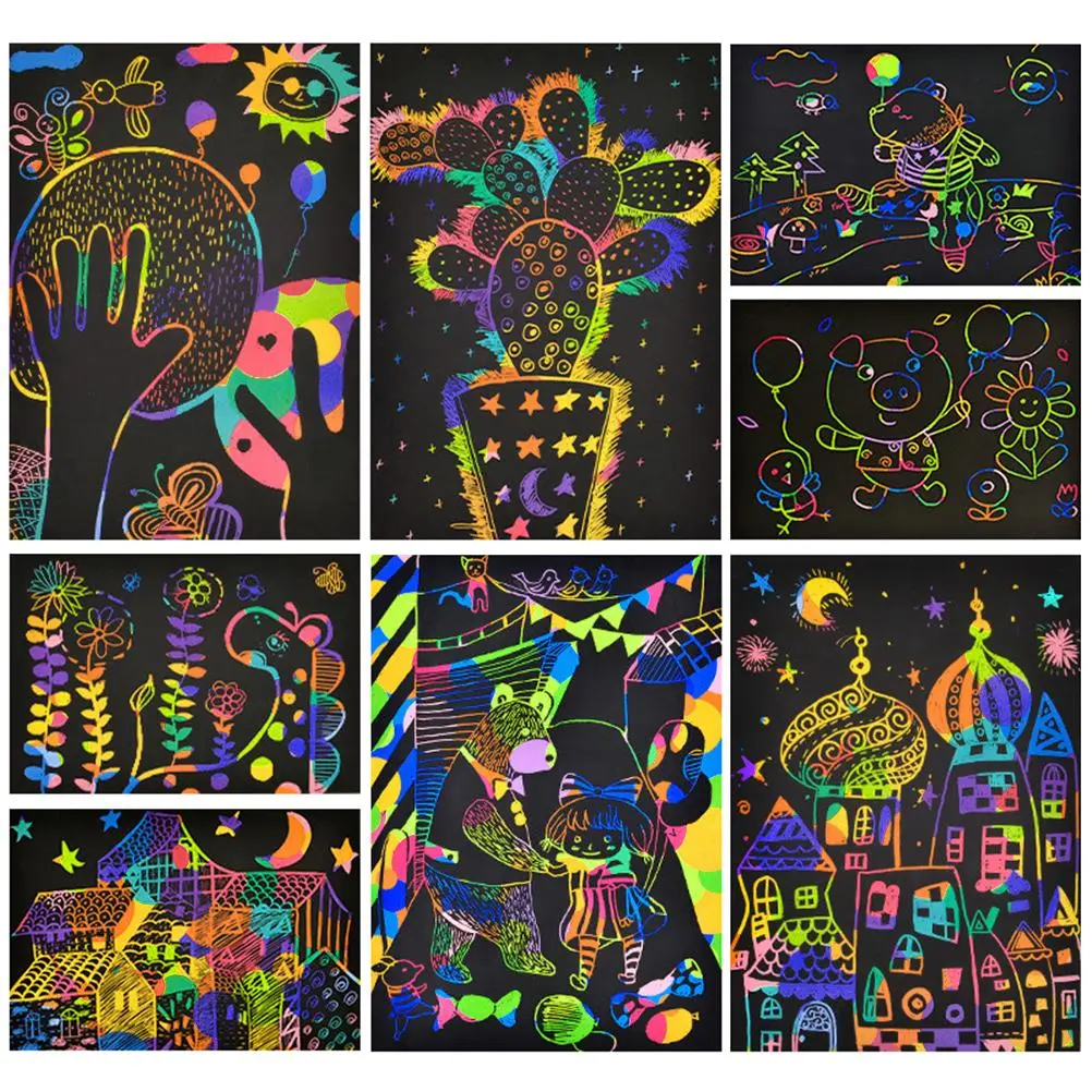 50Pcs Art Rainbow Scratch Paper Bamboo Stylus Set Scratch Off Art Craft Supplies Kits for Kids for Fun DIY Toy Party Favors Game