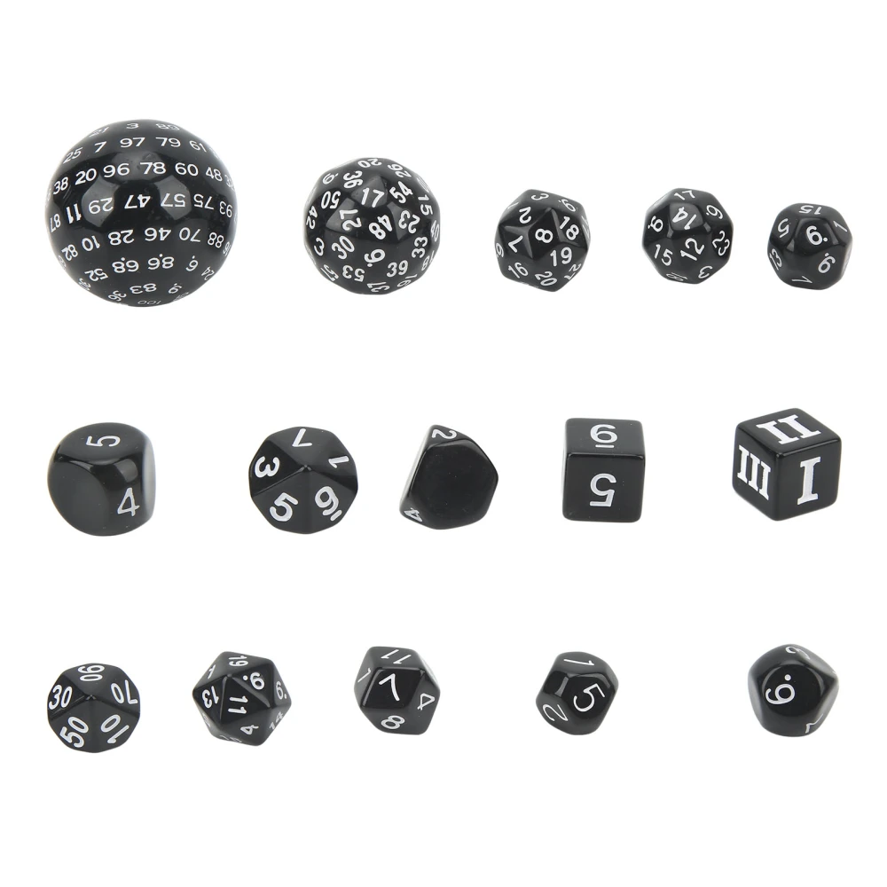 15Pcs Polyhedral Dice Set Acrylic D3 to D100 Table Gaming Dices for Role Playing Table Games Party Supplies Black and White Words