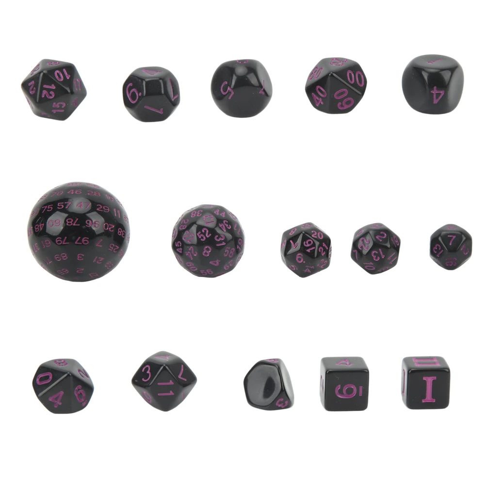 15Pcs Polyhedral Dice Set Acrylic D3 to D100 Table Gaming Dices for Role Playing Table Games Party Supplies Black and Purple Words