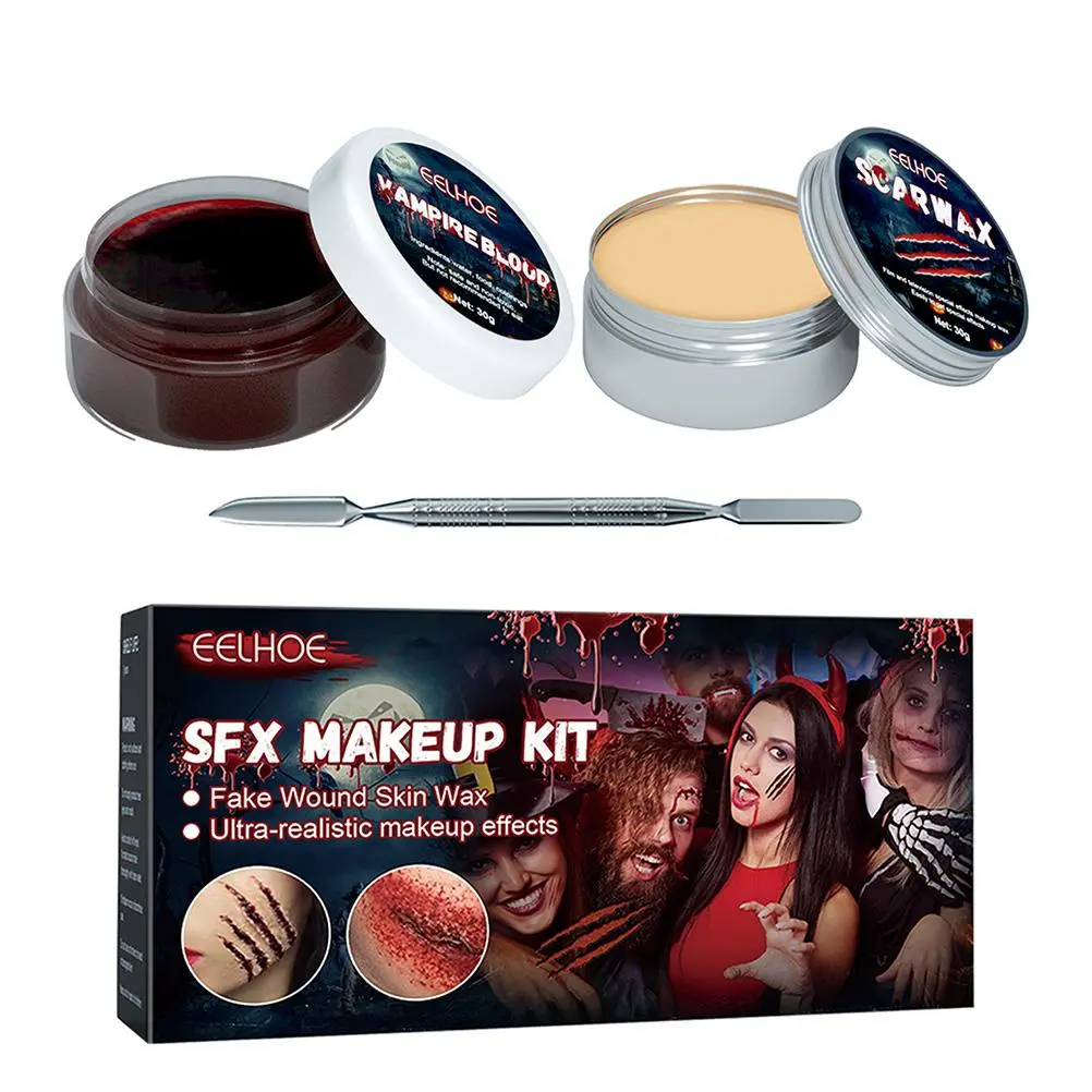 Halloween Scar Wax Fake Blood Gel Kit Makeup Skin Wax Special Effects Halloween Stage Fake Wound Molding Scar with Spatula