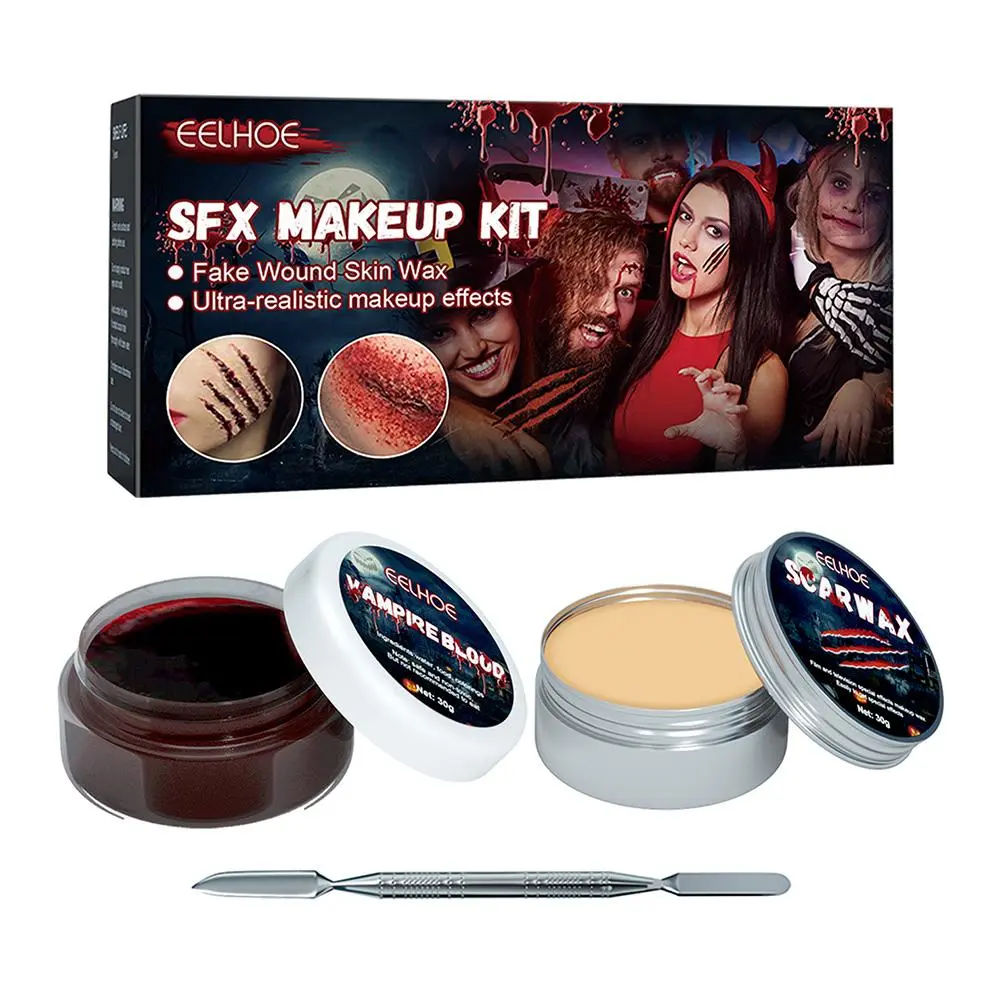 Halloween Scar Wax Fake Blood Gel Kit Makeup Skin Wax Special Effects Halloween Stage Fake Wound Molding Scar with Spatula