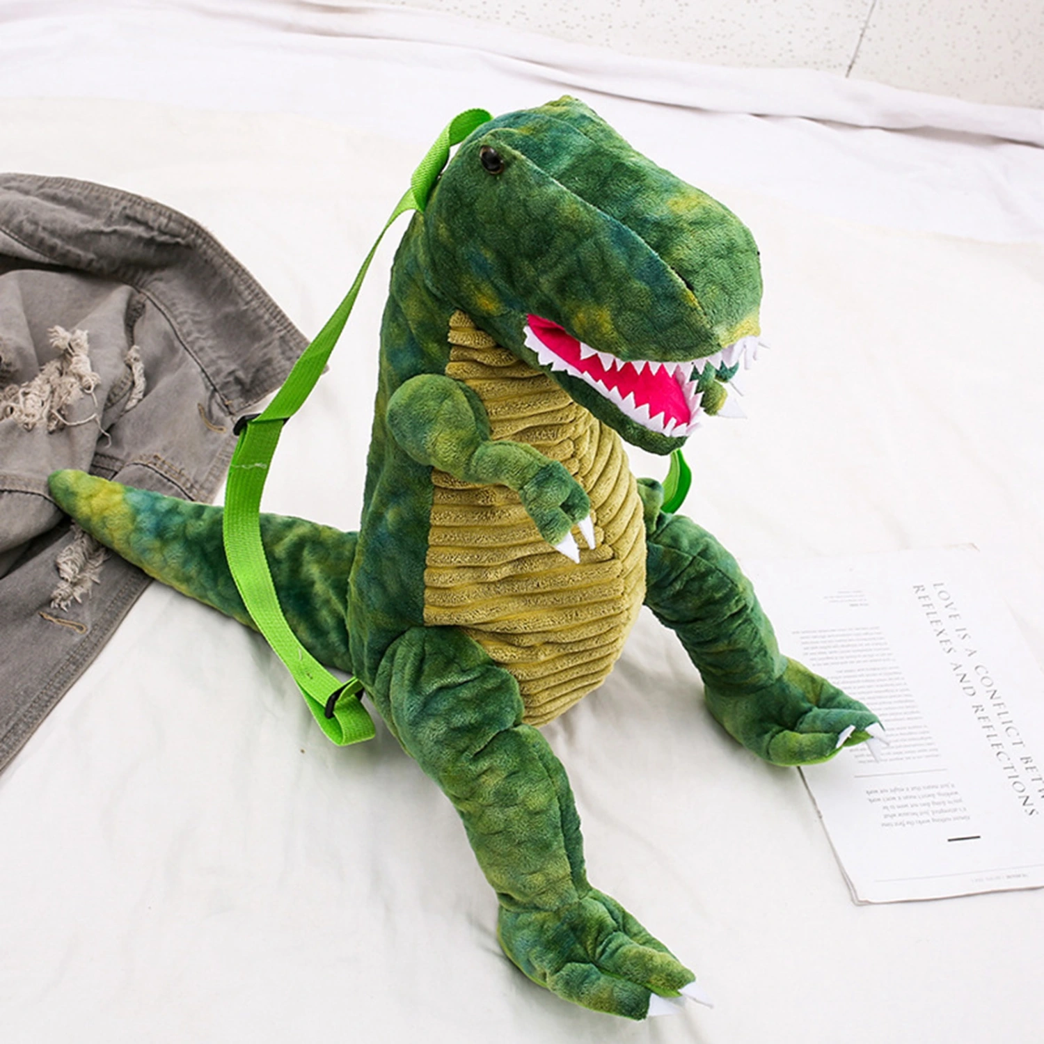 Kids Dinosaur Backpack Cartoon 3D Dinosaur Shape Soft Plush Kids Cute Animal Backpack for Travel School Camping Green