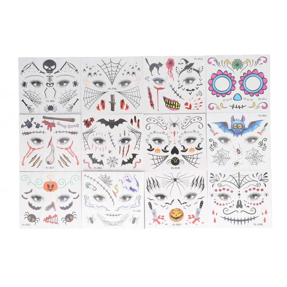 12Pcs Halloween Tattoo Stickers Cartoon Funny Horror Decoration Children Tattoos for Over 3 Years Old