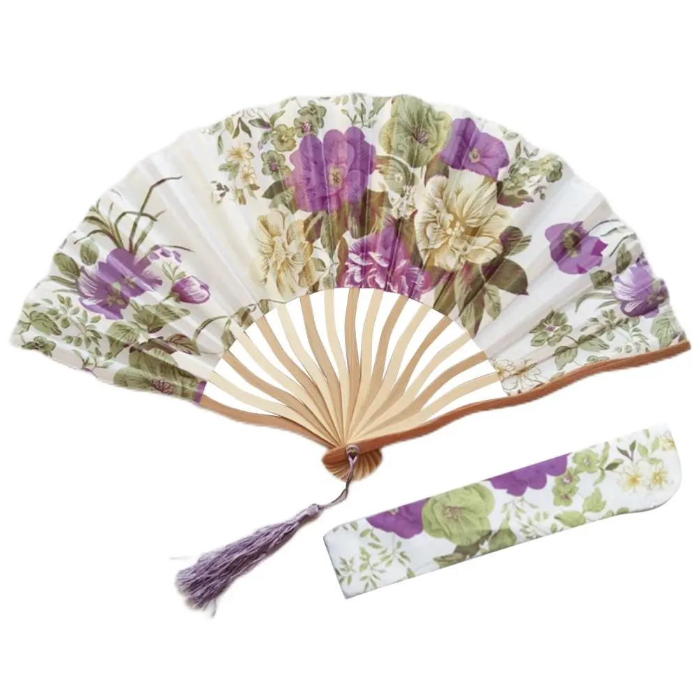 Vintage Foldable Hand Fans Silk Bamboo Women Handheld Fan with Tassels for Wall Decoration Wedding Photography Violet