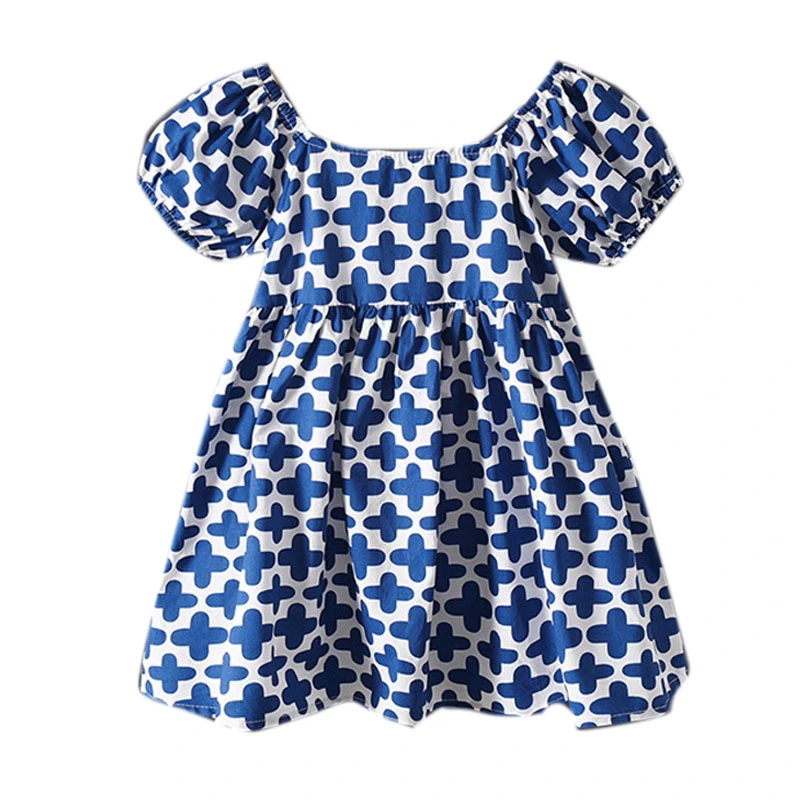 Girls Dress Short Puff Sleeve Cute Elegant Flowy Floral Printing Lovely Children Dress Blue 120