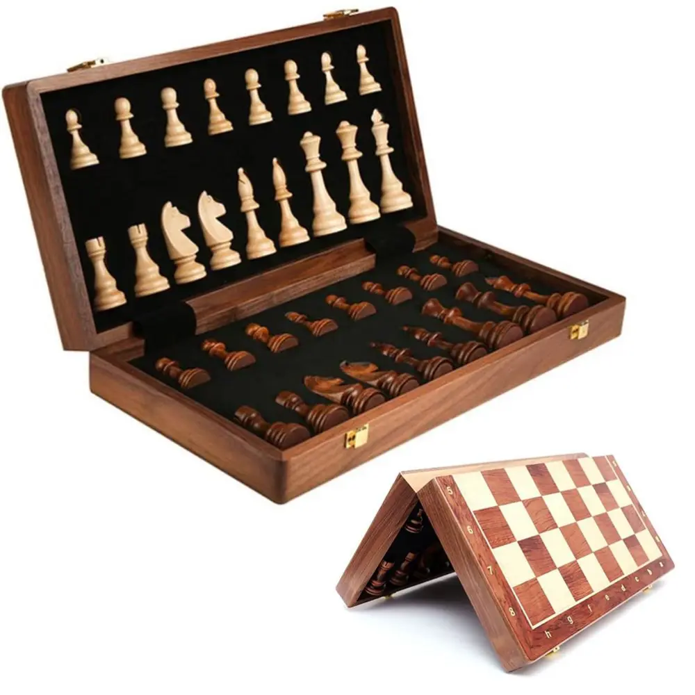 Wooden Chess Set Folding Chess Board Game Set Portable Travel Chess Game for Kids Adults