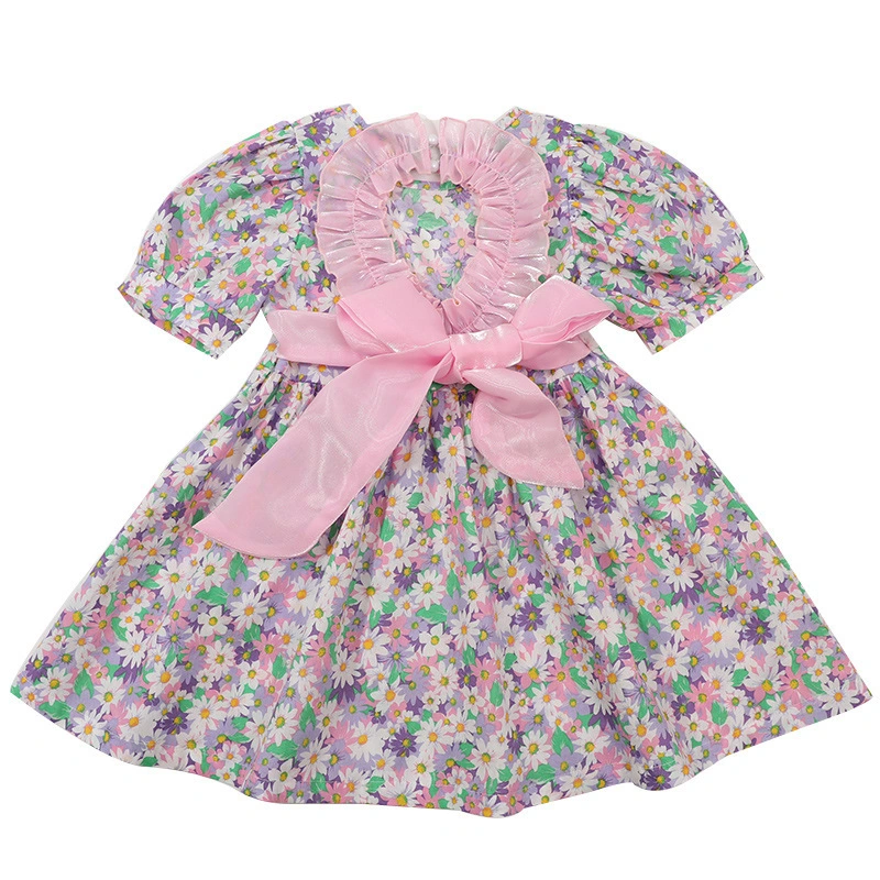 Girls Dress Cotton Lantern Sleeve Crewneck Floral Printed Summer Dress with Back Bow for Kids Purple 35.4in