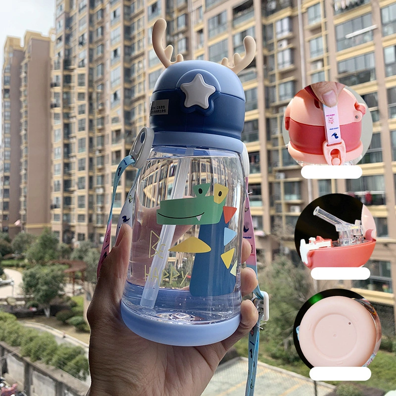 Water Cup Large Capacity Summer Kindergarten Antler Shape Plastic Cup with Straw for Children Dinosaur Pattern