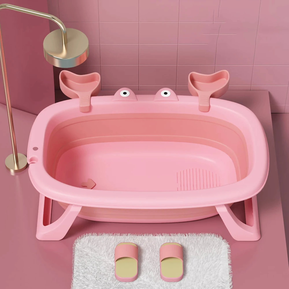 Baby Bathtub Large Nonslip Lines Eco Friendly Plastic Collapsible Space Saving Toddler Bathtub for Kids Coral Pink