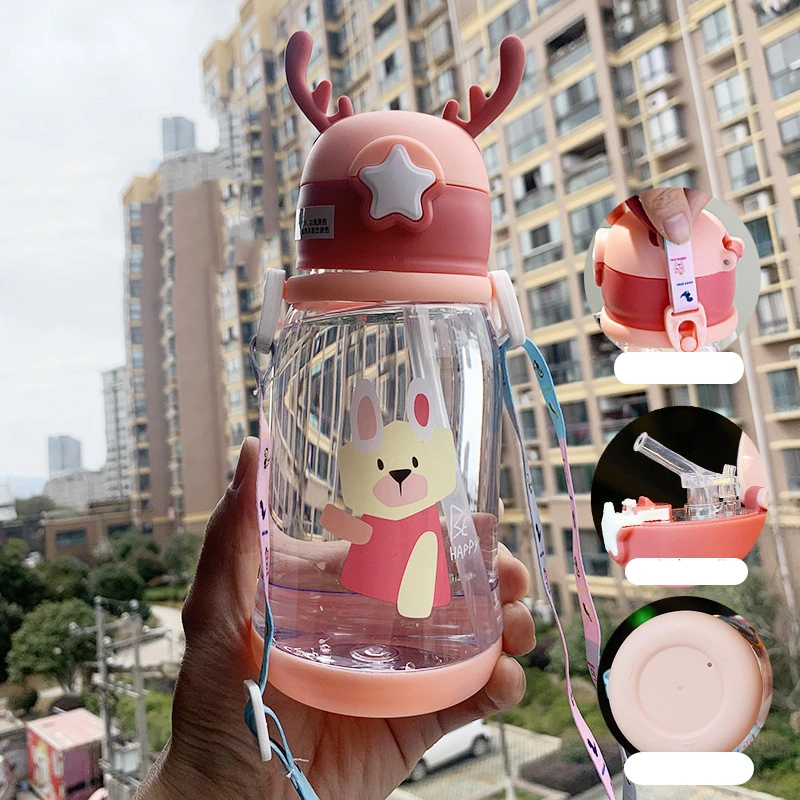 Water Cup Large Capacity Summer Kindergarten Antler Shape Plastic Cup with Straw for Children Rabbit Pattern