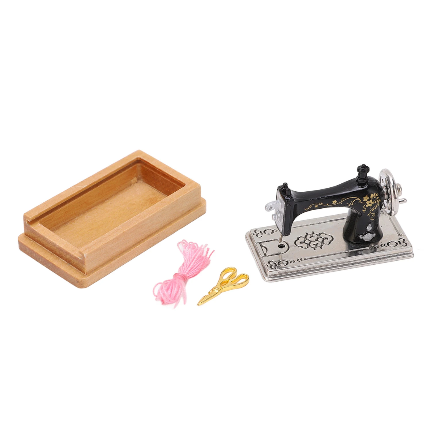 Dollhouse Miniature Sewing Machine Vintage Style Lifelike 1/12 Dollhouse Sewing Machine Model for Decoration Wood Color