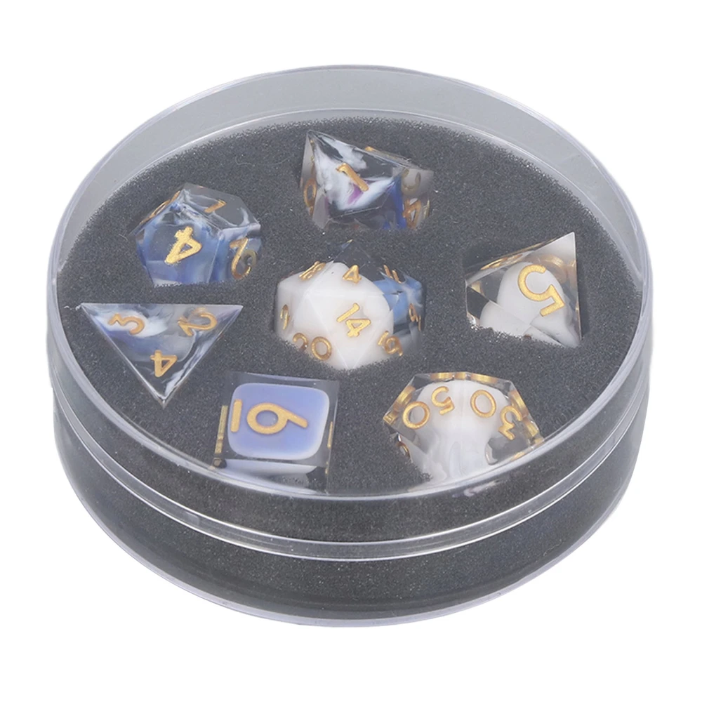 7pcs Polyhedral Dice Set Resin Sharp Edges Clear Numbers Table Gaming Dices for Board Games White and Blue