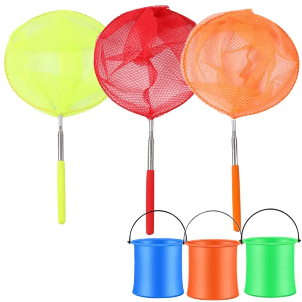 Kids Telescopic Butterfly Net Fishing Net with Stainless Steel 5 Section Handle Folding Bucket for Catching Insects Bugs Playing Outdoor