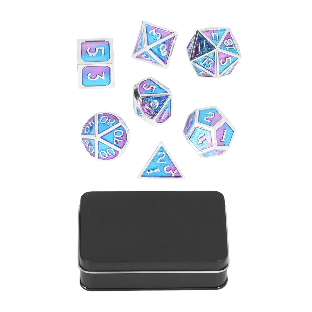 7 Pcs Polyhedral Dice Set Metal Role Playing Dice with Storage Box for Table Games Math Teaching Blue and Purple