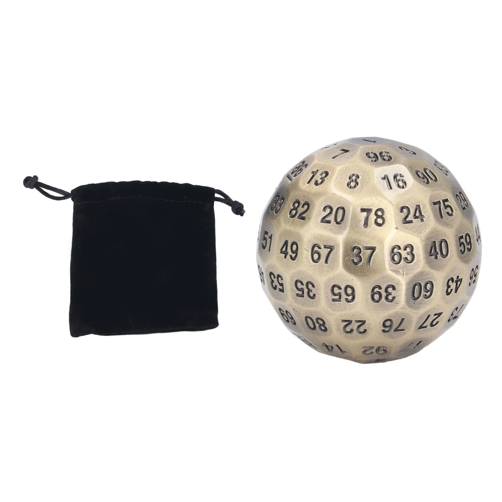 100 Sides Polyhedral Number Dice Metal 5cm Diameter Easy to Read with Velvet Bag for Over 14 Years Old Brass Color