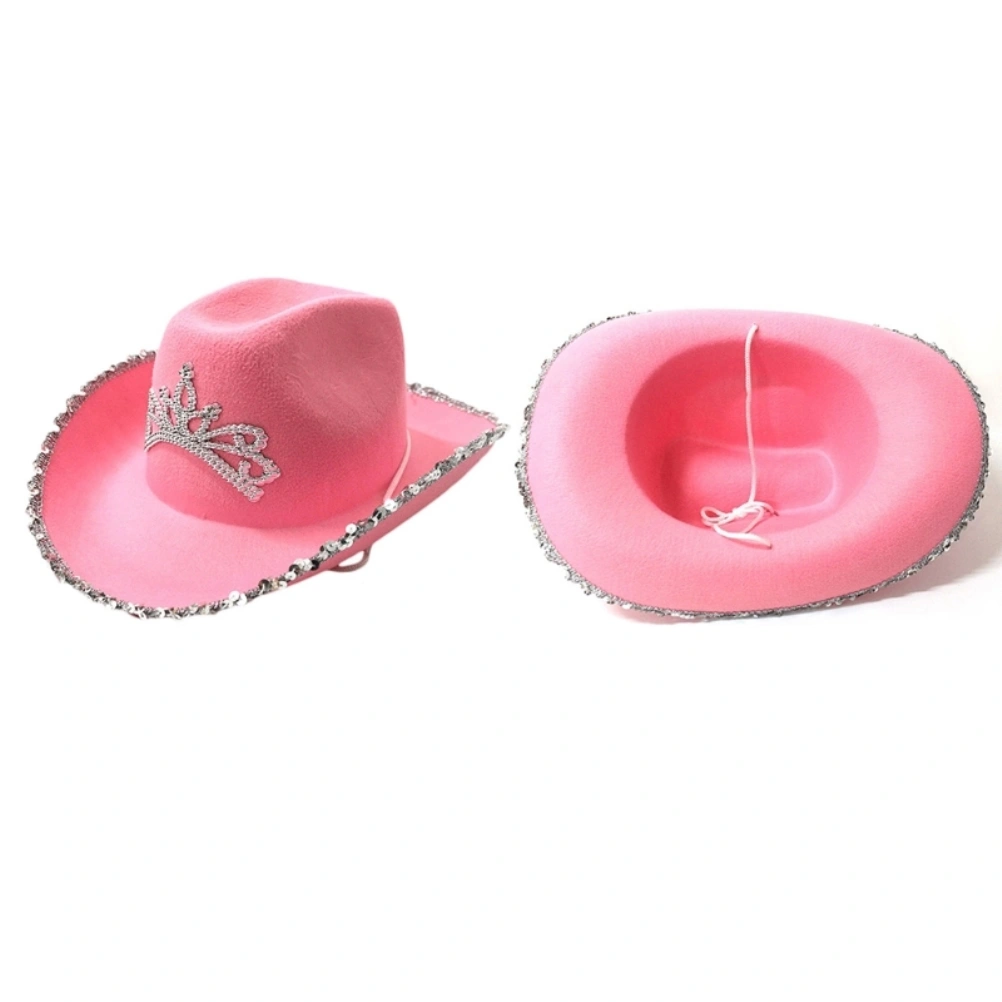 Pink Cowboy Hat Felt Cowboy Hat with Neck Draw String Cosplay Party Costume Accessories Play Dress Up for Women