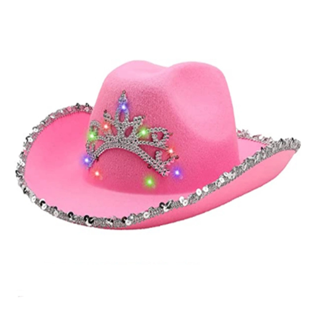 Pink Crown Cowboy Hat Felt Cowboy Hat with Lights Neck Draw String Cosplay Party Costume Accessories Play Dress Up for Women